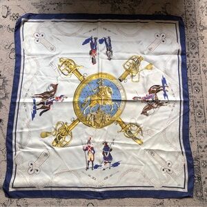 Vintage LR Paris Elegant blue & gold Equestrian Print silk Scarf 33x34 Square